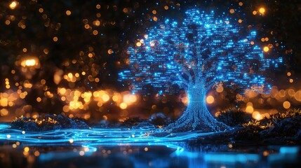Glowing digital tree at night with flowing energy, ideal for tech or environment themes