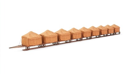 Long Freight Train with Covered Freight Carriages on White Background