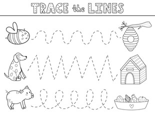 Trace the lines activity page in outline with cute farm animals. Handwriting practice black and white worksheet for kids with bee, pig and dog. Vector illustration