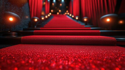 Glittering red carpet stairs, event entrance, awards ceremony background