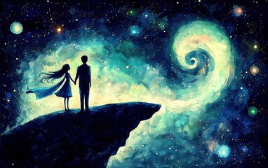 Fototapeta premium A dreamy cosmic fantasy illustration of a couple standing on a cliff, holding hands under a starry sky with a glowing celestial spiral. Perfect for love and dream themes.