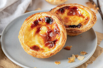 Pastel de Nata on a plate with willow branches, a traditional Portuguese custard tart. Top view.