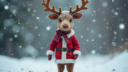 Fototapeta premium Adorable Reindeer in Santa Suit Snow Scene Winter Holiday Plush Toy Festive Christmas Decoration Cute Animal Photography