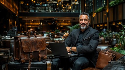 Fototapeta premium Confident businessman working laptop in lobby