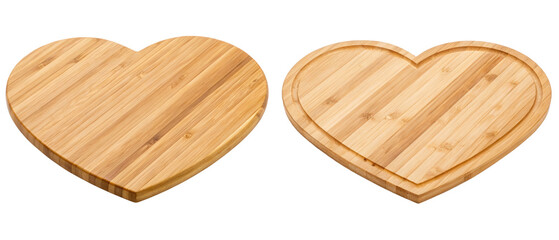 Two heart-shaped bamboo cutting boards isolated with transparent background