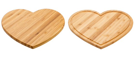 Two heart-shaped bamboo cutting boards isolated with transparent background