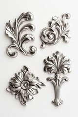 Set of six intricate silver scroll and floral designs, each with a unique shape and pattern, designed for use as wall decor or architectural accents.