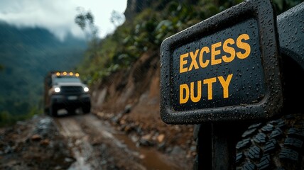 A rugged, muddy road sign reads "Excess Duty," with a truck in the background surrounded by lush greenery and misty mountains.
