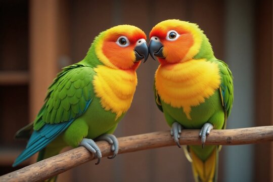 two parakeets perched on wooden branch vibrant plumage