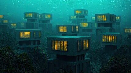 Underwater Cityscape with Modern Architecture and Illuminated Windows