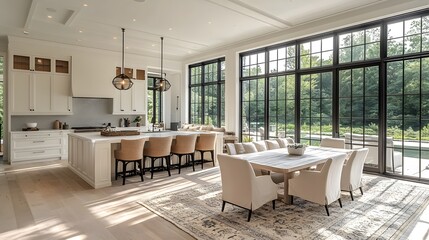 Side perspective of elegant white kitchen transitioning into a refined dining area and spacious living room featuring lightcolored decor and expansive windows that illuminate the entire space