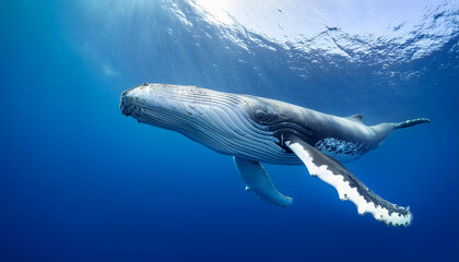 Naklejka premium Una gran ballena azul nadando en libertad bajo el agua en el mar azul cerca de la superficie