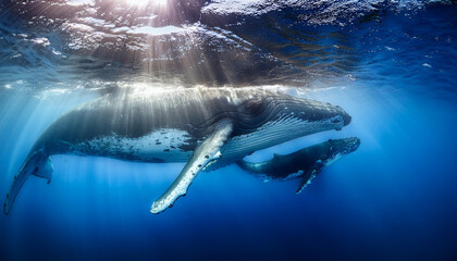 Fototapeta premium Una ballena azul y su cria nadando bajo la superficie del mar azul con luz solar