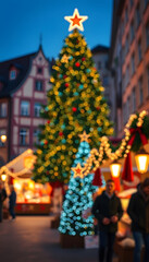 Fototapeta premium Christmas market at European town with christmas tree and lights, Evening time, blured, bokeh. Banner size, photo. isolated with white shades