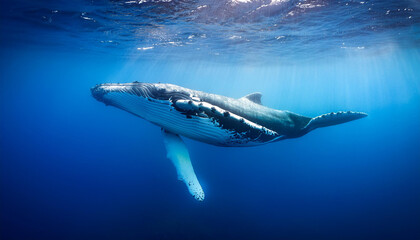 Fototapeta premium Una gran ballena azul nadando en libertad bajo el agua en el mar azul cerca de la superficie