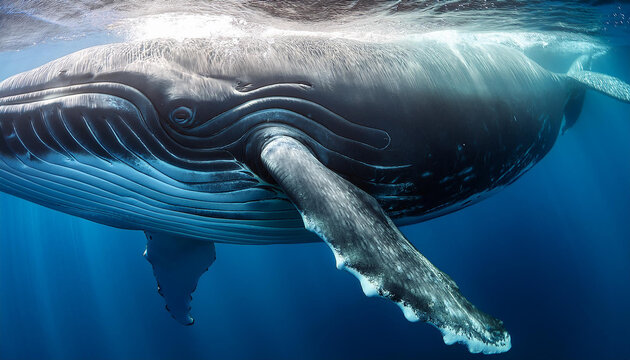 Close-up de una ballena azul nadando bajo el mar
