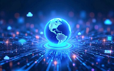 Obraz premium Digital illustration representing the internet. Glowing cyber-themed background with network connection and wave. 3D hologram of the Earth with data streams with Wi-Fi icons cloud server code snippets