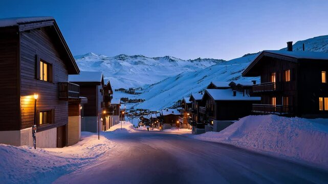 A wide-angle view of Val Thorens ski resort at night, with glowing lights from wooden buildings illuminating the snow-covered streets.