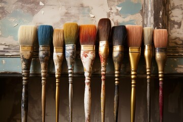 Colorful used paintbrushes standing in a row, showcasing their worn bristles and paint splattered handles, against a distressed wooden background