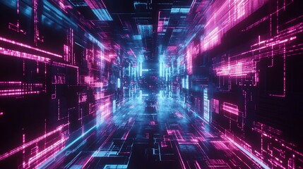 Obraz premium Abstract digital tunnel with glowing pink and blue lines creating futuristic pattern and depth