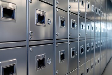Shiny silver locks on multiple safe deposit boxes, showing their robust construction and security features.