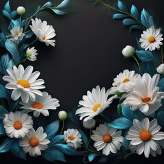 border frame white daisy flowers on black background with copy space graphic resource