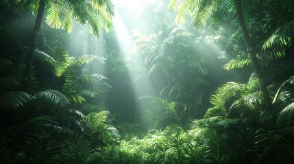 Obraz premium Sunbeams illuminate lush tropical jungle plants
