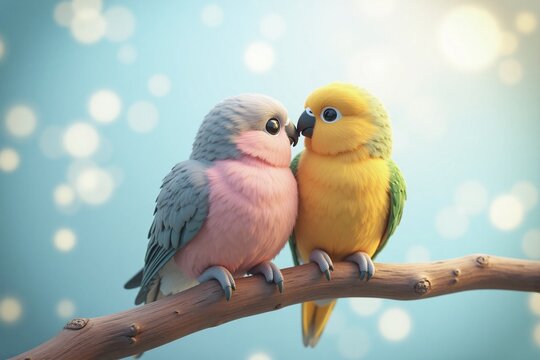 two parrots perched on wooden branch light blue background