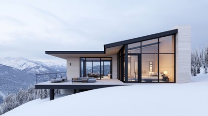 Spectacular mountain lodge with a sleek modern glass facade showcasing a breathtaking panoramic view of the snow capped peaks in the distance