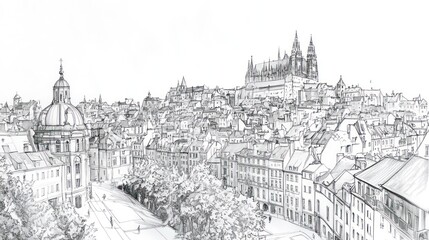 Fototapeta premium Sketch, Prague, cityscape, cathedral, hilltop, buildings, street, travel, illustration, tourism