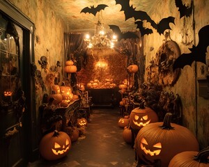 Halloween Costume Party dimly lit space with pumpkins, bats, and a haunted atmosphere filling the room