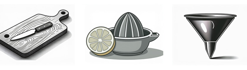 Three kitchen utensil icons: a cutting board with a knife, a citrus juicer, and a funnel.  Simple, monochrome illustrations.