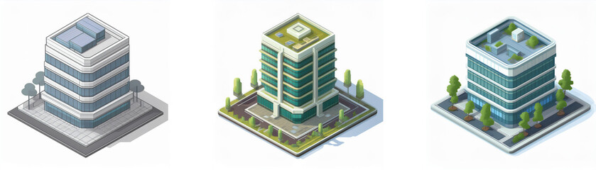 Three isometric views of modern office buildings, showcasing variations in design and rooftop features, situated amidst landscaping.