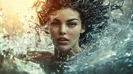 Fototapeta premium Woman emerging ocean sunset splash beauty ad