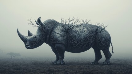 Fototapeta premium Surreal Rhinoceros Illustration With Tree Branches in Foggy Landscape