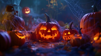 Fototapeta premium Halloween Costume Party eerie glow from jack-o'-lanterns surrounded by cobwebs and spooky pumpkins