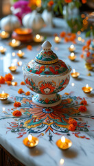 Diwali product display background podium, Rangoli-inspired setup, white marble flower, colorful rangoli pattern, Delicate marigold petals, small diyas, festive ambiance