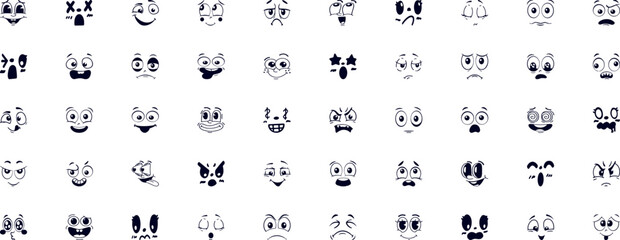 Obraz premium Cartoon face expression. Emotional comic face with eyes, mouths, tongue and teeth. Concept caricature feeling. Happy, sad and angry characters emotions. Vector set
