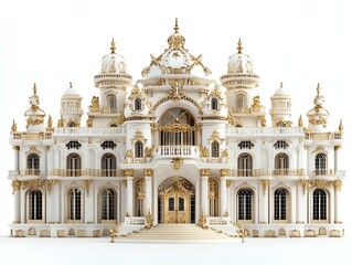 A golden palace exterior, extravagant facade with intricate embellishments, regal luxury, isolated on white background