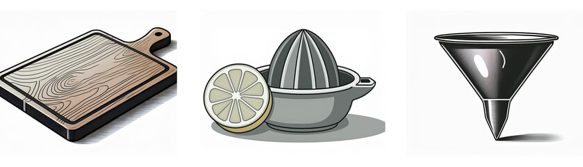 A set of kitchen utensil icons: a wooden cutting board, a citrus juicer, and a funnel.  These simple icons represent common kitchen tools.