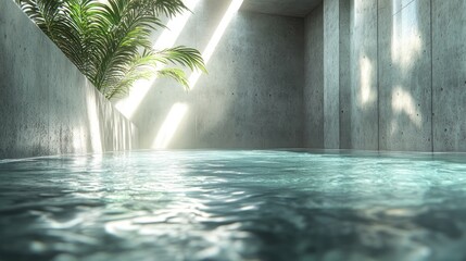 Obraz premium Sunlit indoor concrete pool, tropical plants, calm water, spa relaxation