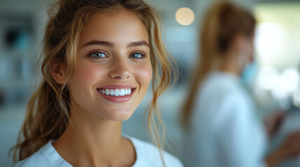 Obraz premium Beautiful Woman Smiling Happy Portrait Attractive Girl Blonde Hair Healthy Teeth Bright Smile 
