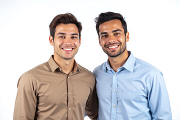 two young men standing against white background wearing button down shirts