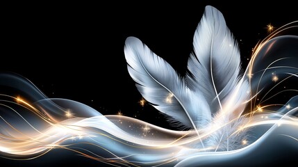 Naklejka premium A modern poster design of elegant feathers and leaf silhouettes in muted gray tones, complemented by delicate, swirling golden lines