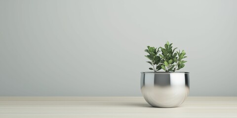 Stainless Steel Tank Modern plant in metallic pot on wooden surface