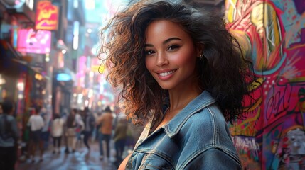 Naklejka premium Smiling Woman in Vibrant Cityscape