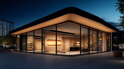 Obraz premium Contemporary boutique store exterior with artistic glass panels, modern lighting, and premium branding aesthetics