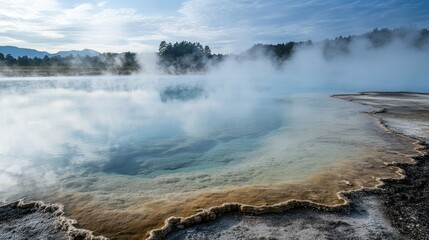 Steaming turquoise geotherm pool with reflection under cloudy blue sky