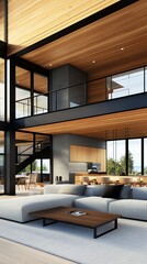 Fototapeta premium Contemporary family home with a spacious openplan design, natural wood accents, and warm lighting