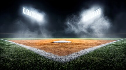 A moody nighttime baseball field, the lights illuminating the pitchers mound and the home plate area, with faint mist rising in the distance